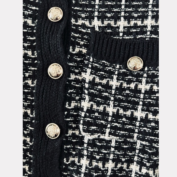 Black Plaid Button Up Cardigan Knit Long Sleeve Chest Pockets - Picture 8 of 13